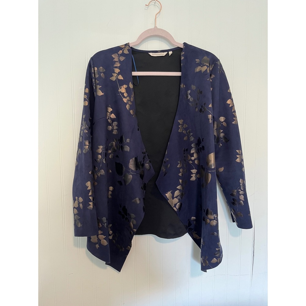 Soft Surroundings Navy Blue Bronze Floral Foil Open Front Waterfall Jacket XS